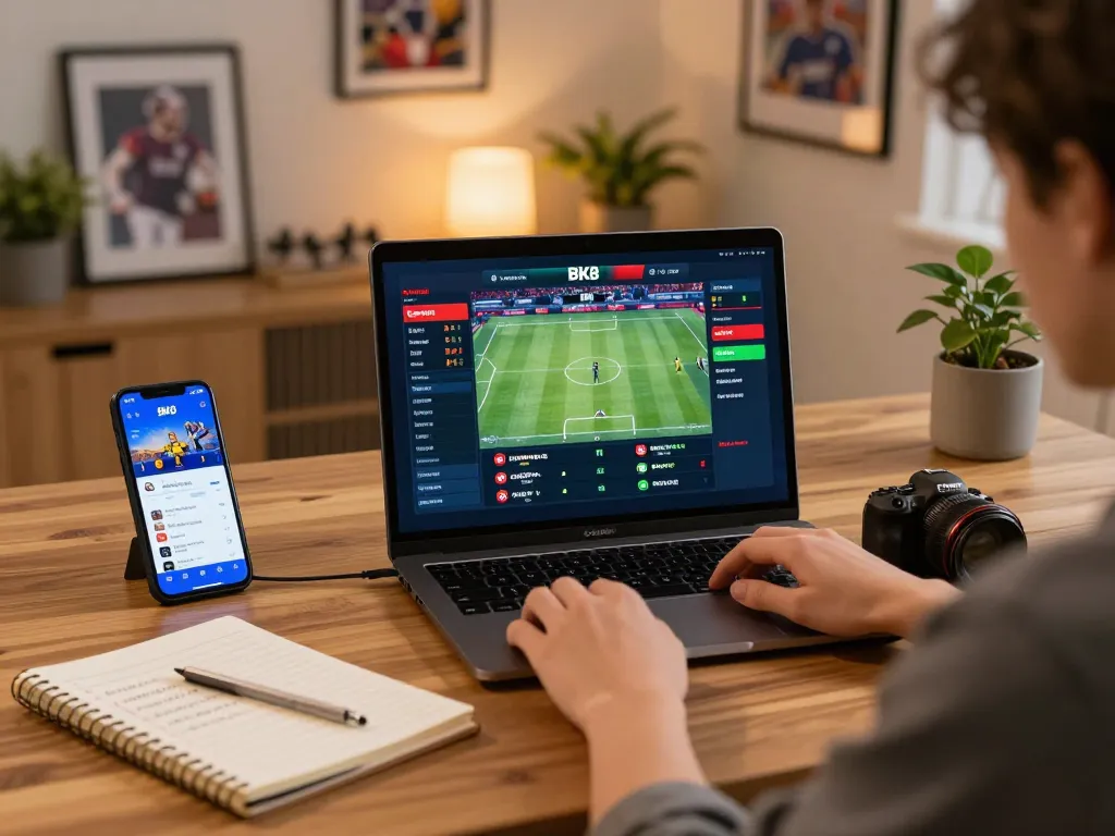 Engaged player using BK8 for sports betting at home, showcasing detailed strategy notes and a live betting interface.