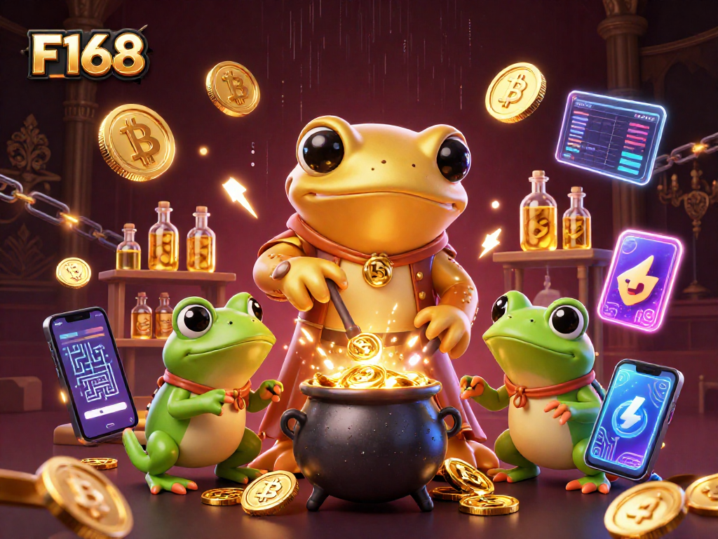 Experience the excitement of F168 casino games with golden alchemists amid cryptocurrencies and vibrant visuals.