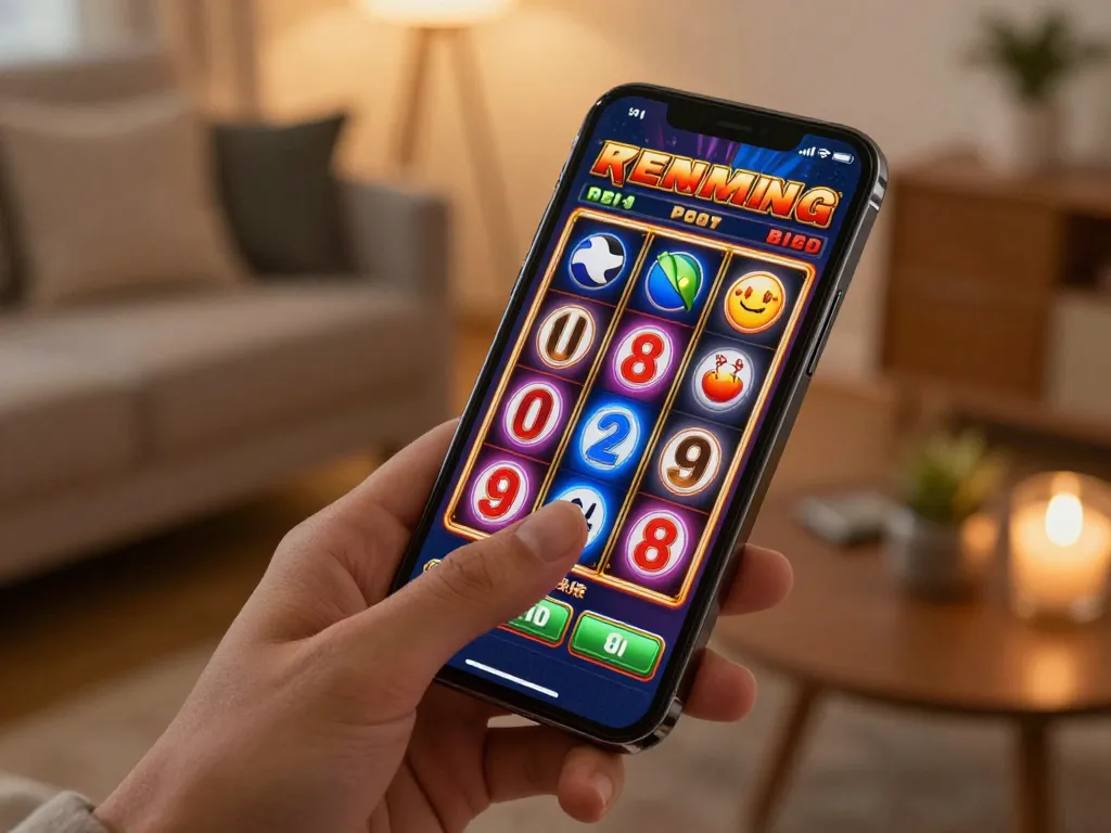 Player enjoying a thrilling slots game at home using mb88slot app, highlighting vibrant graphics and excitement.