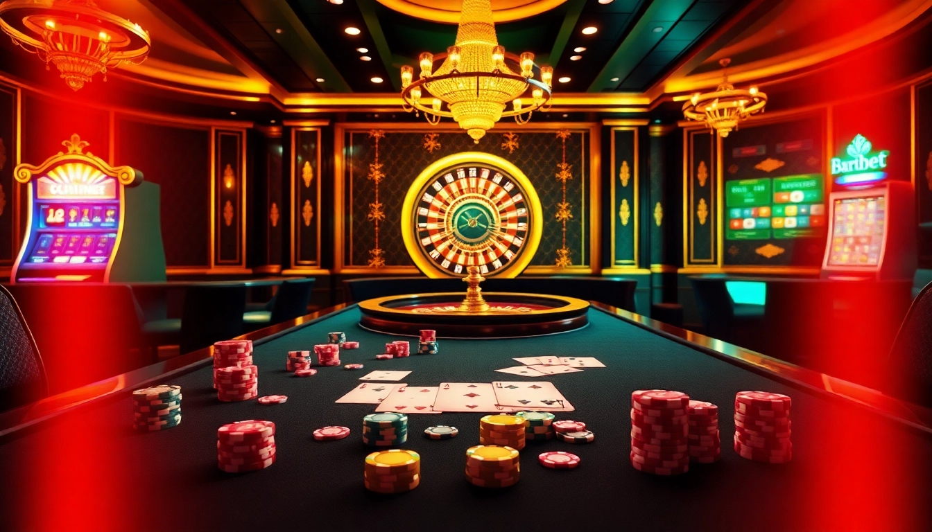 Experience the thrilling ambiance of 3Dbet with an elegant casino setting featuring vibrant gaming tables, chips, and cards.