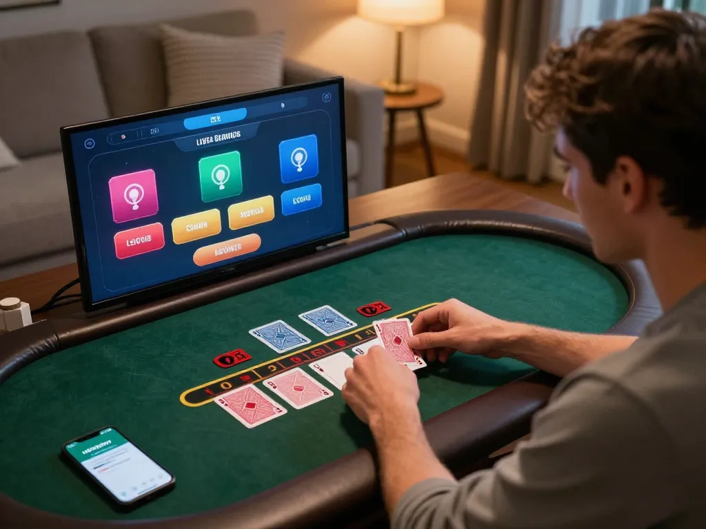 Engaged player using mposport for online blackjack from home, showcasing modern gaming setup.