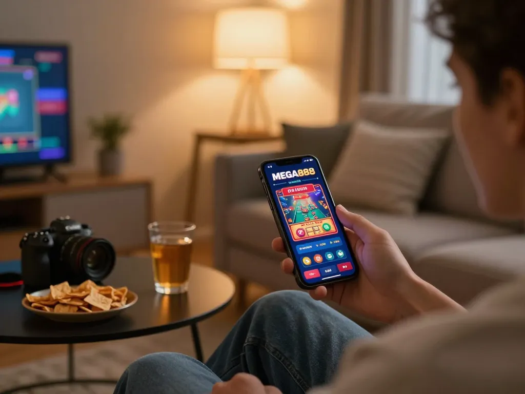 Engaging with MEGA888 casino app on a mobile in a cozy home setting, reflecting responsible gaming.