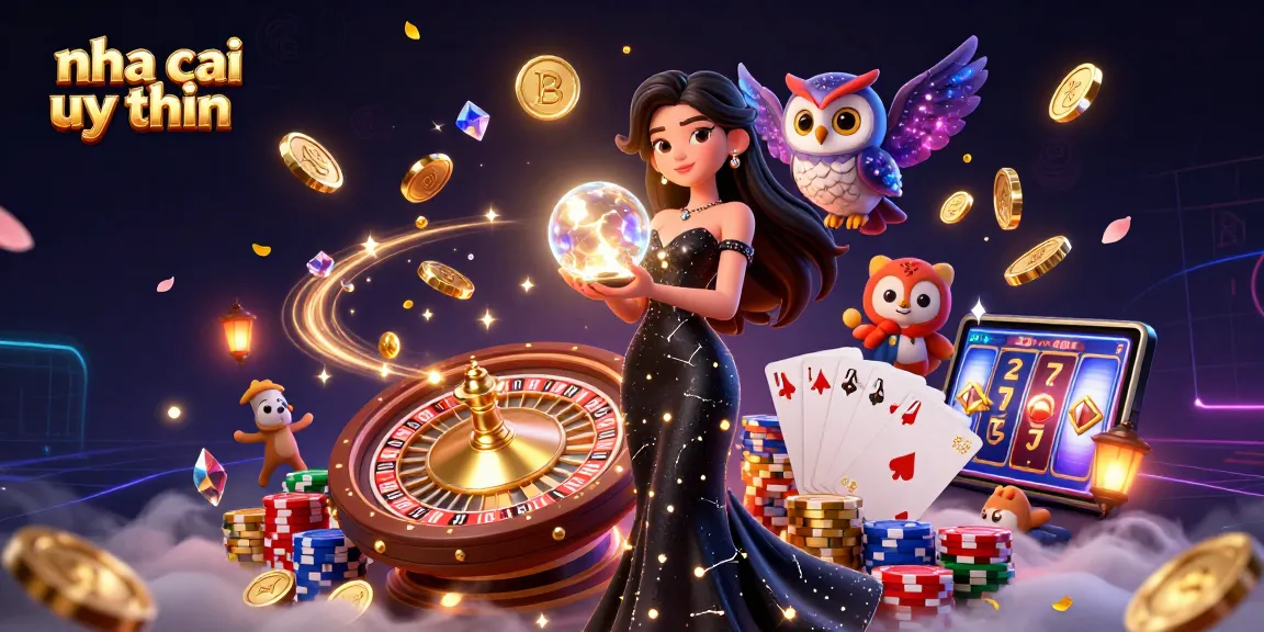 Engage with nha cai uy tin as a stunning woman interacts with a mystical owl amid vibrant casino elements.