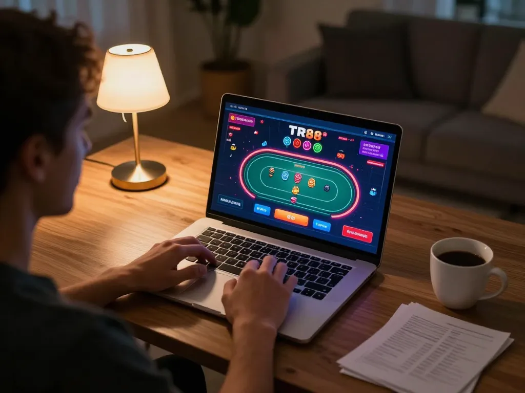 Engaging in online poker at TR88 with a warm home atmosphere and strategic notes nearby.