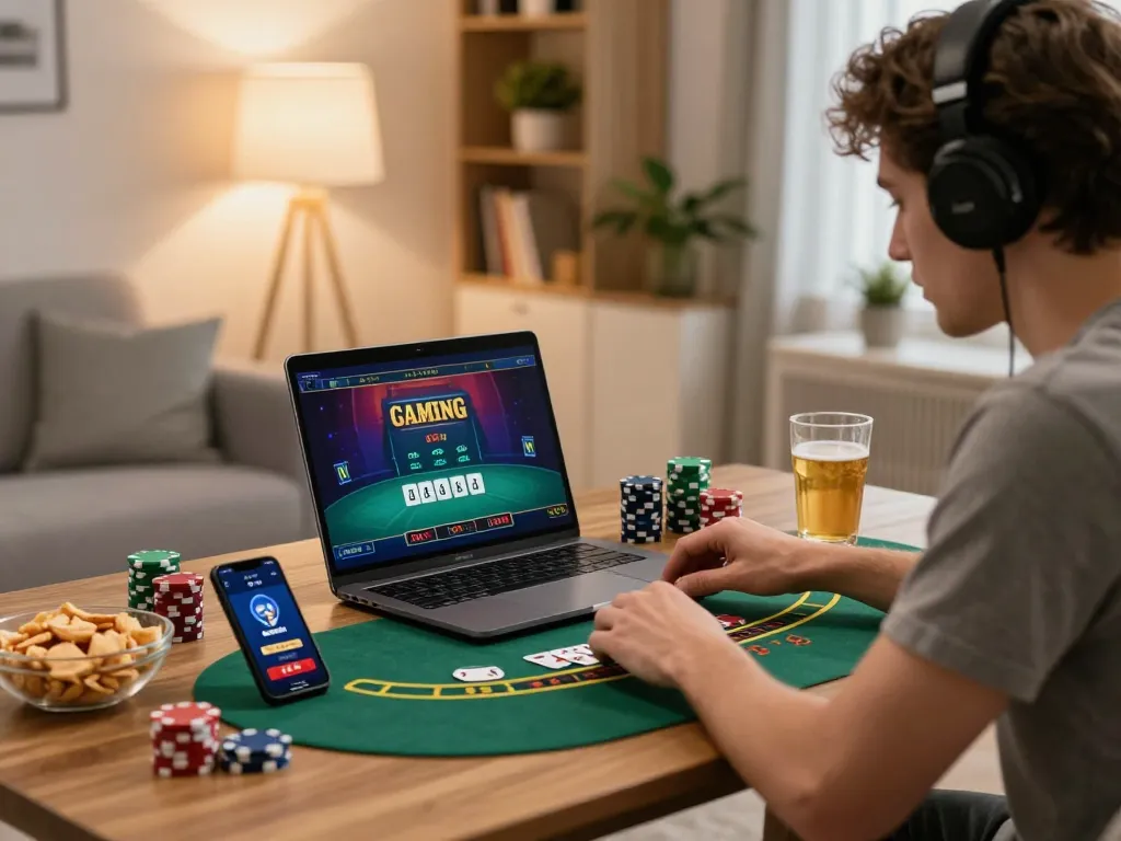 Engaged player exploring IDNSCORE RESMI blackjack strategy on a laptop at home, showcasing responsible gaming