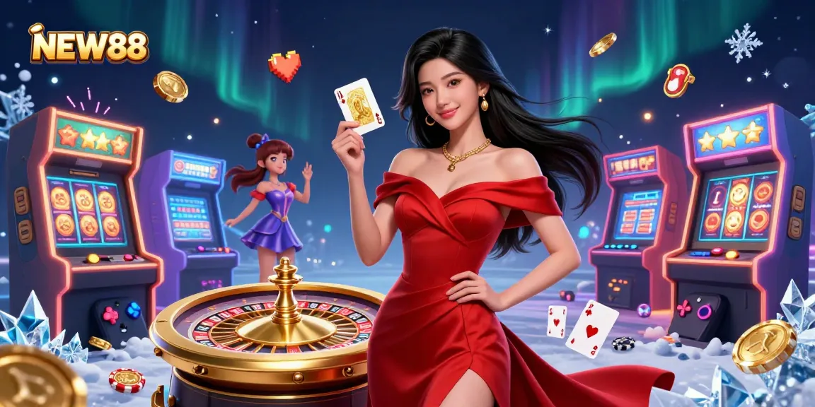 Experience the thrill of NEW88's casino games with a beautiful dealer and a roulette wheel, capturing the essence of online gambling.