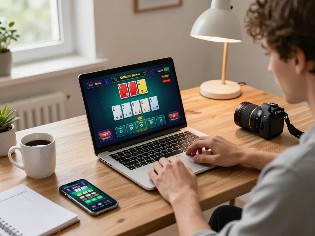 Player engaging in an online blackjack game on laptop, showcasing Sunwin gaming strategy in a cozy workspace.