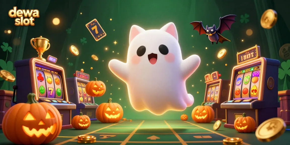 Menggali dunia dewa slot dengan kucing hantu yang mengambang di kasino, dikelilingi simbol slot dan koin emas.