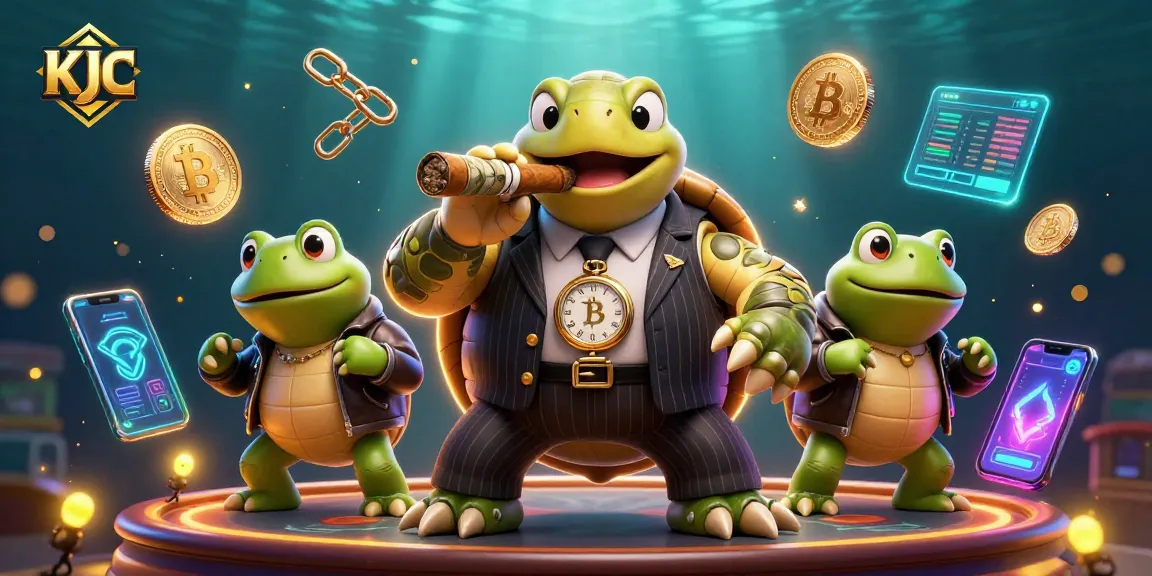 KJC offers a thrilling casino experience with a giant snapping turtle in a mobster suit and vibrant gaming elements.
