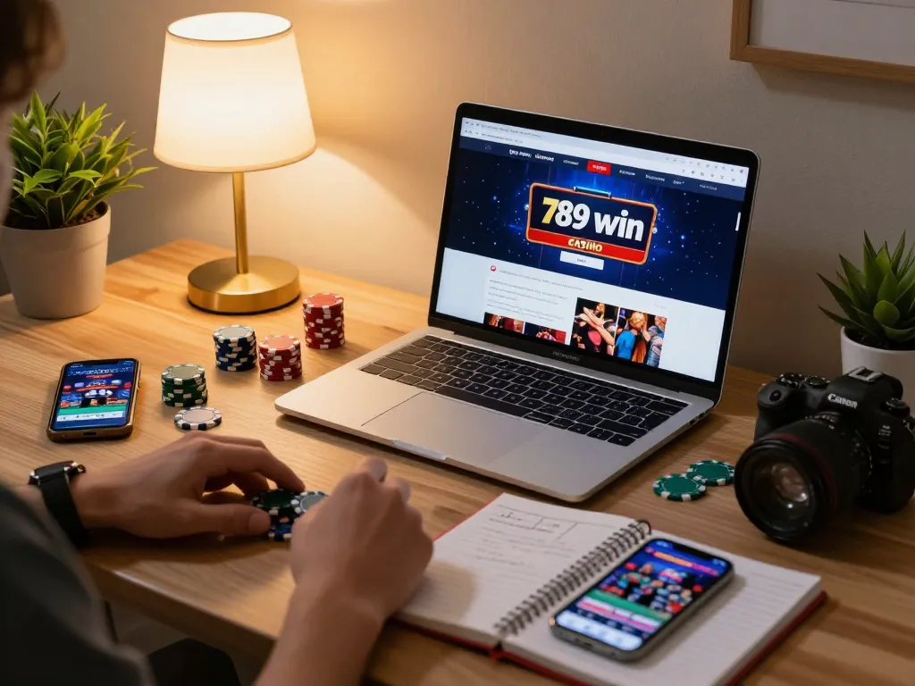 Engaging with the 789 win platform from a cozy home gaming setup with poker chips and betting notes.