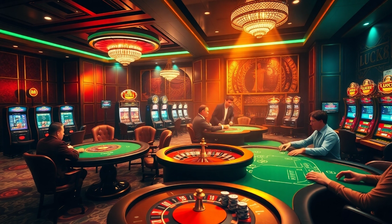 Experience the excitement of LUCK8 with players at a casino table and vibrant slot machines.