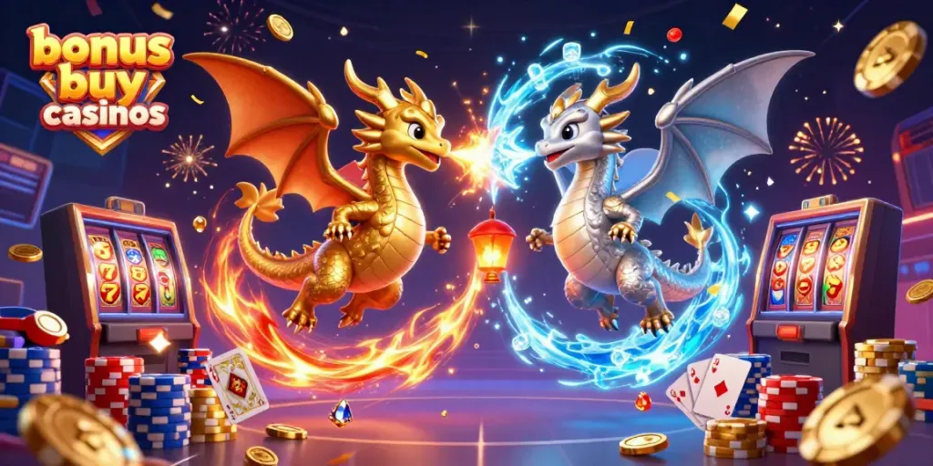 Experience dynamic thrills with bonus buy casinos in an enchanting scene featuring gold and silver dragons, casino elements, and joyful energy.