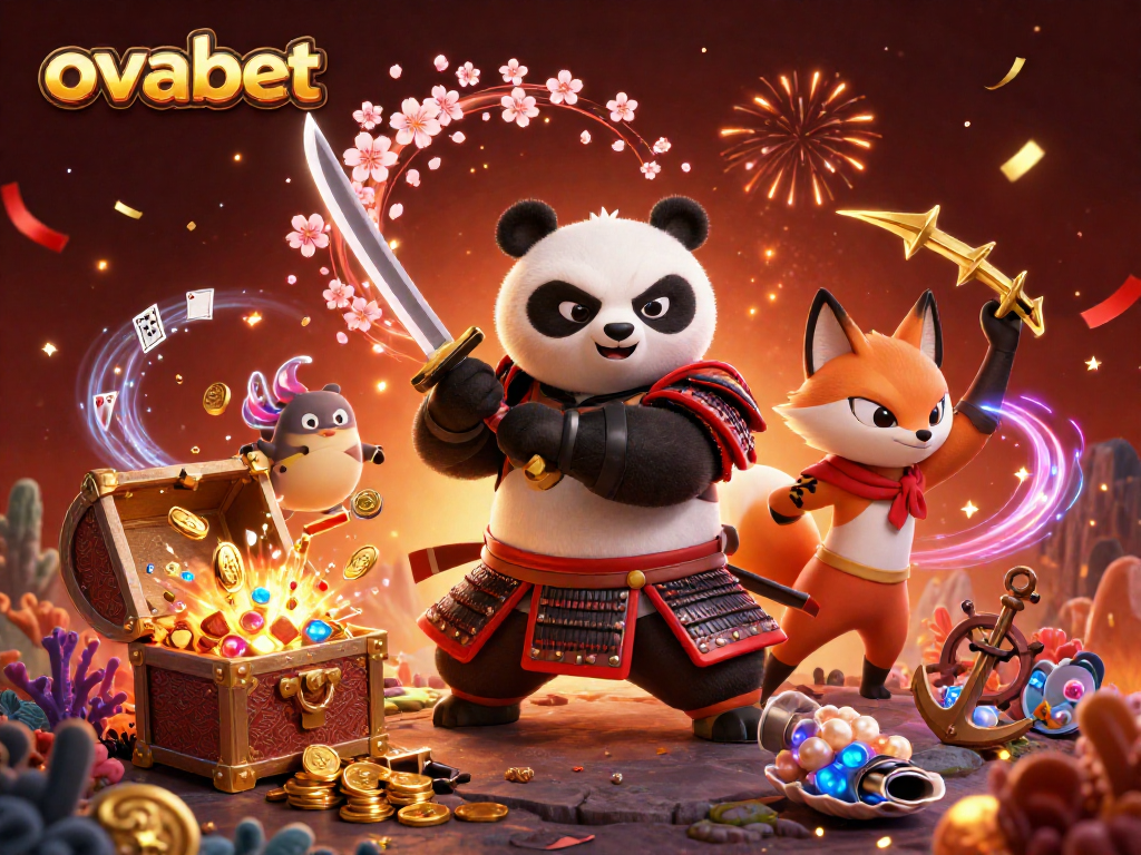 Engage with ovabet's immersive 3D casino world featuring vibrant samurai panda and magical tanuki.