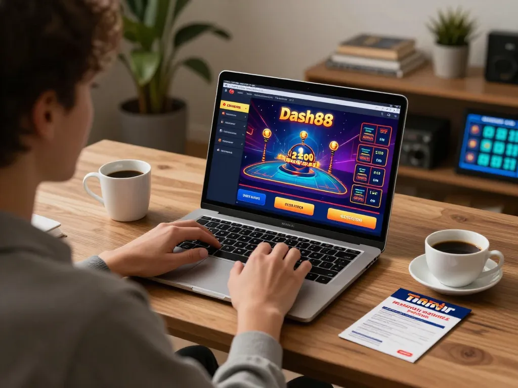 Experience dash88 online gaming strategies with a focused setup showing a vibrant casino game.