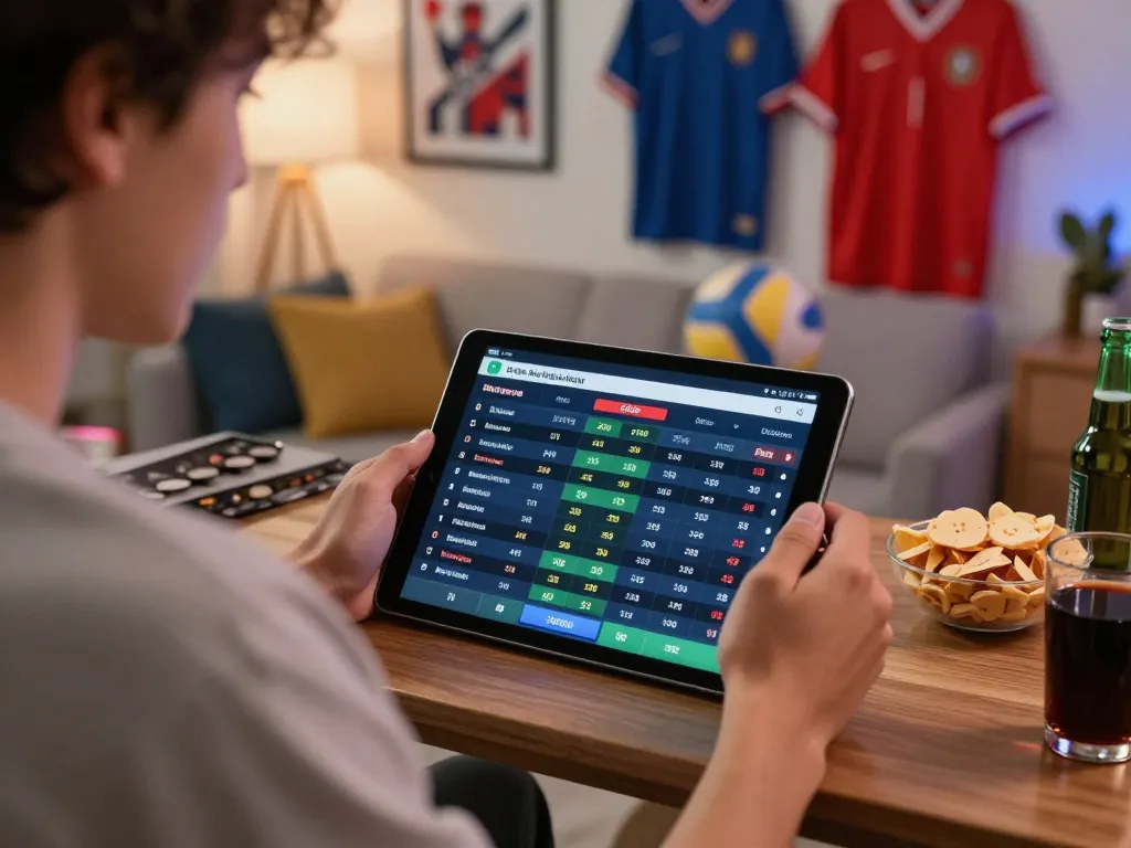 Engaging in SC88 INFO sports betting on a tablet while surrounded by sports memorabilia.