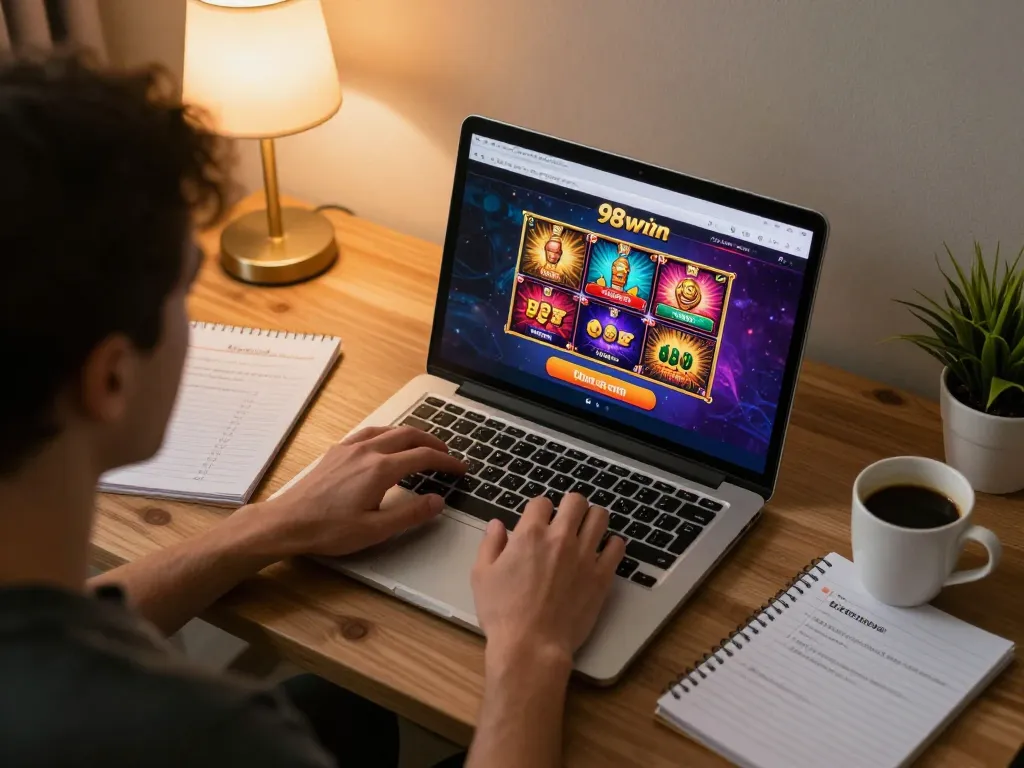 Player enjoying casino experience on 98win com with laptop and notes, focused on strategy.