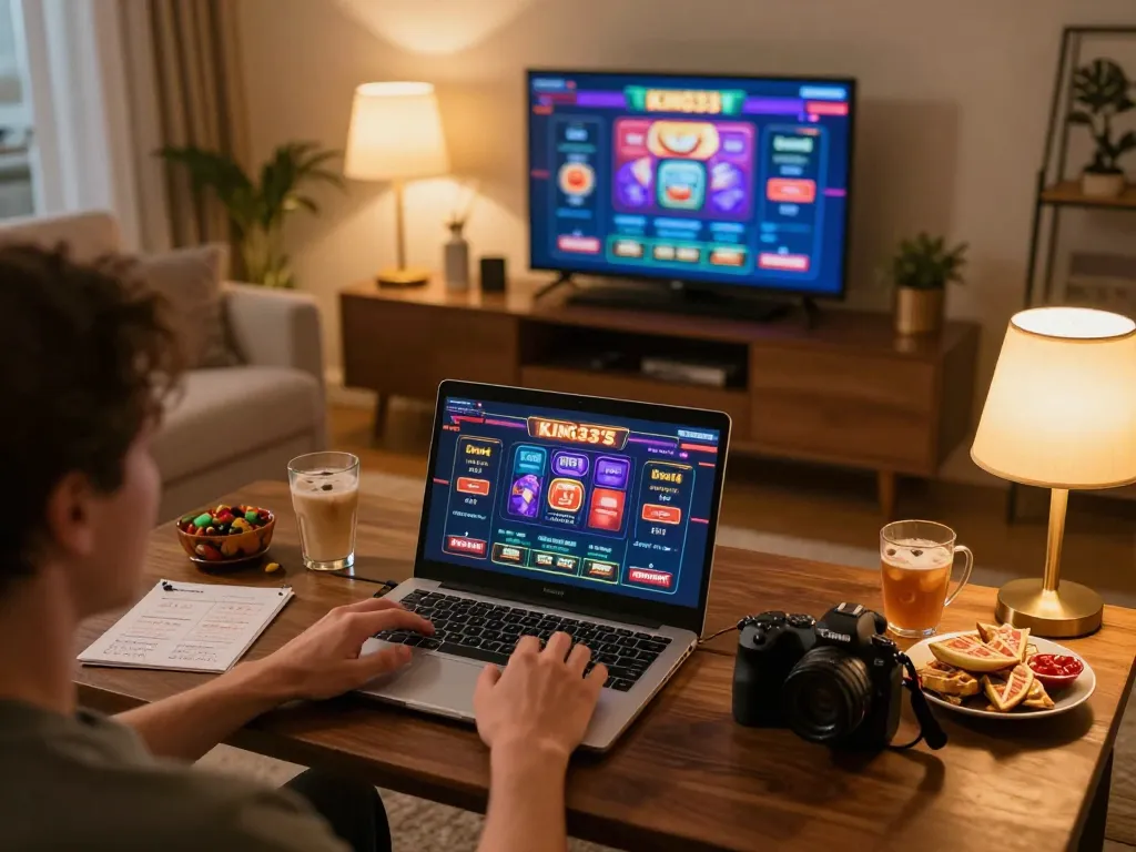 Engaged player using King33 for live dealer games on laptop in a cozy home setting