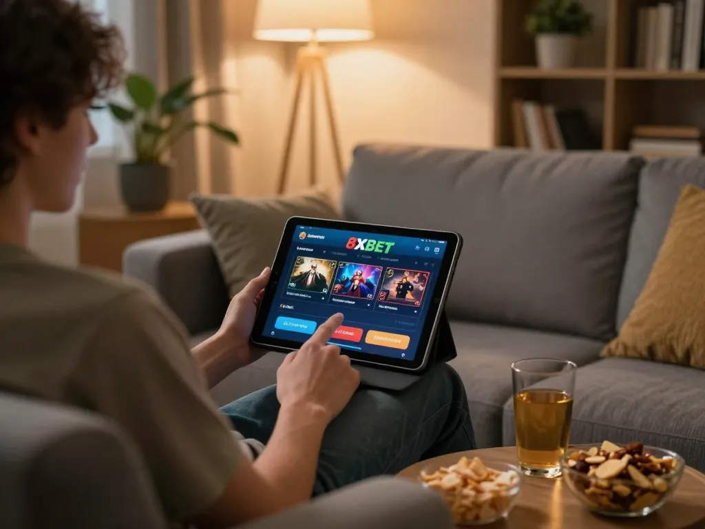 Person enjoying online gambling on 8xbet platform while relaxing at home.
