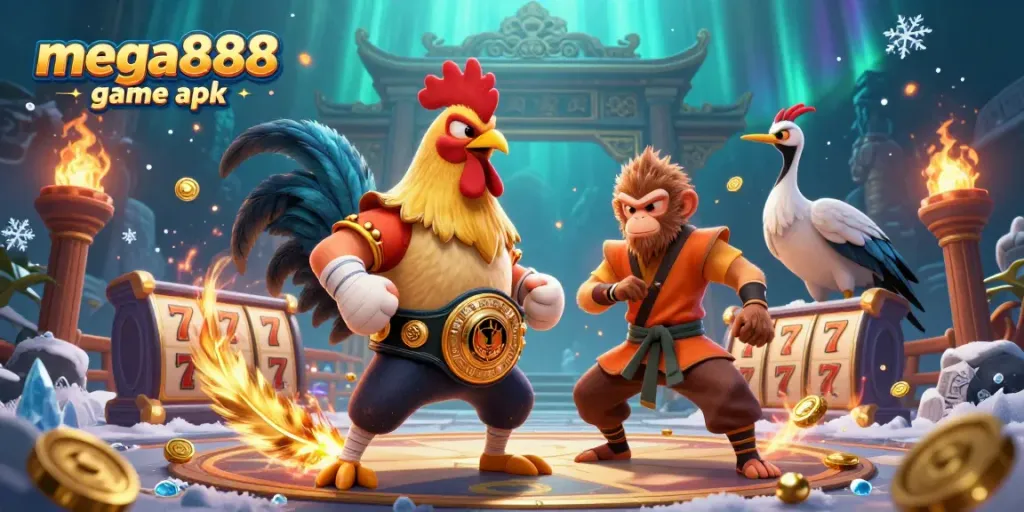 Experience the excitement of mega888 game apk with this thrilling 3D casino illustration featuring vibrant characters and game elements.