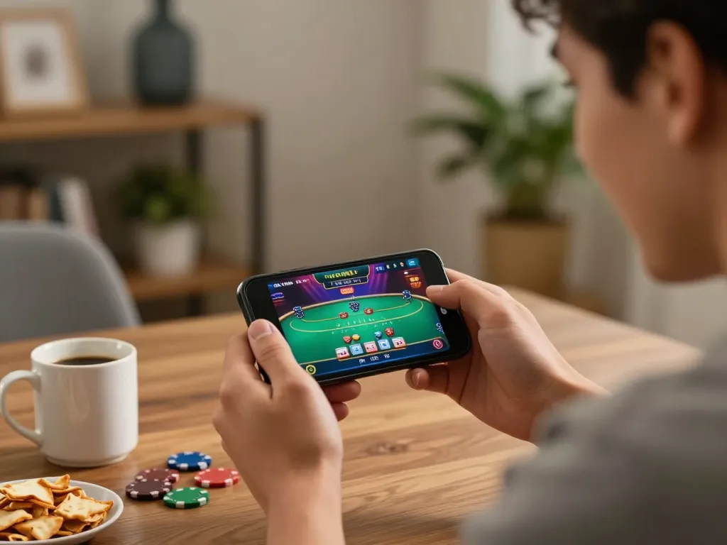 Engaged player using The IIPA Website on a smartphone for live poker game at home.