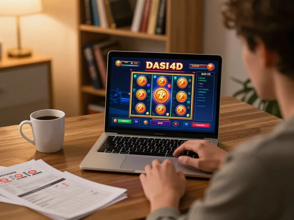 Pemain terlibat dalam permainan slot dasi4d yang mendebarkan di laptop mereka dalam pengaturan permainan yang nyaman.