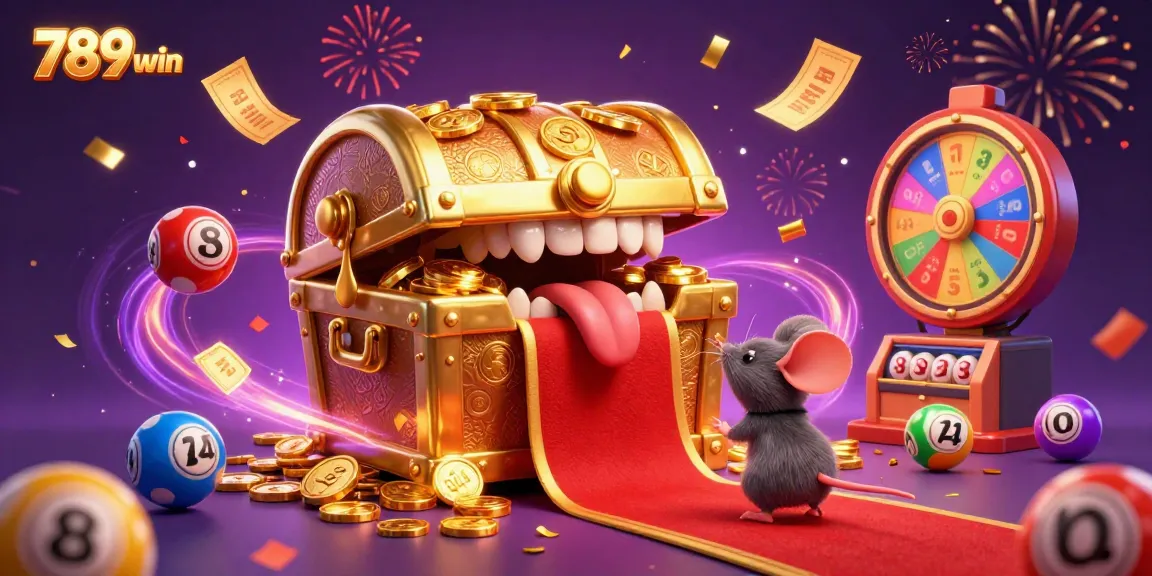Engage with 789win's thrilling casino experience featuring a cartoon treasure chest, lottery balls, and festive effects.