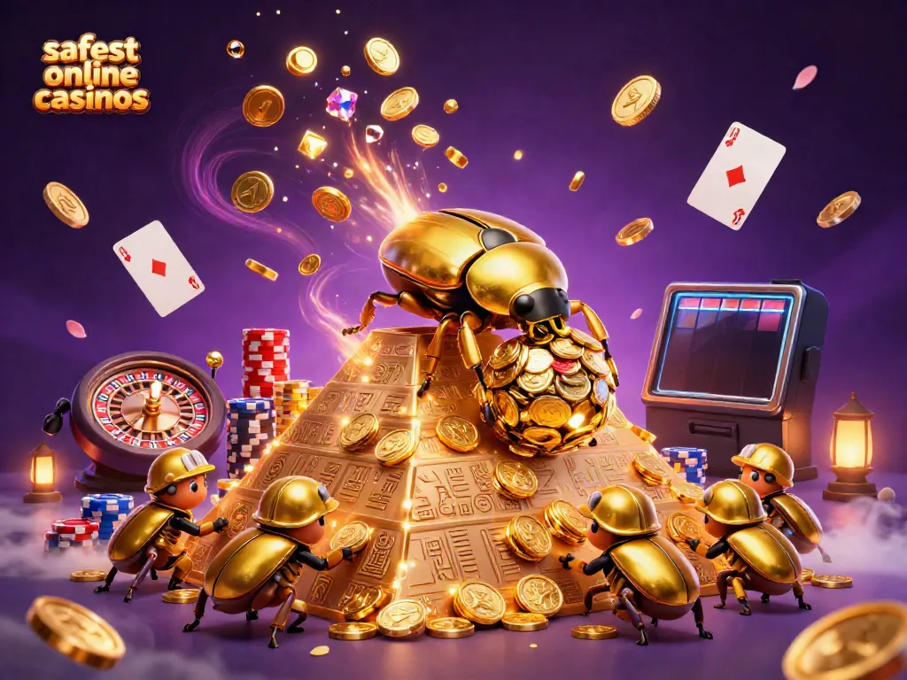 The safest online casinos showcased with a 3D cartoon beetle theme and casino elements, emphasizing secure gaming.