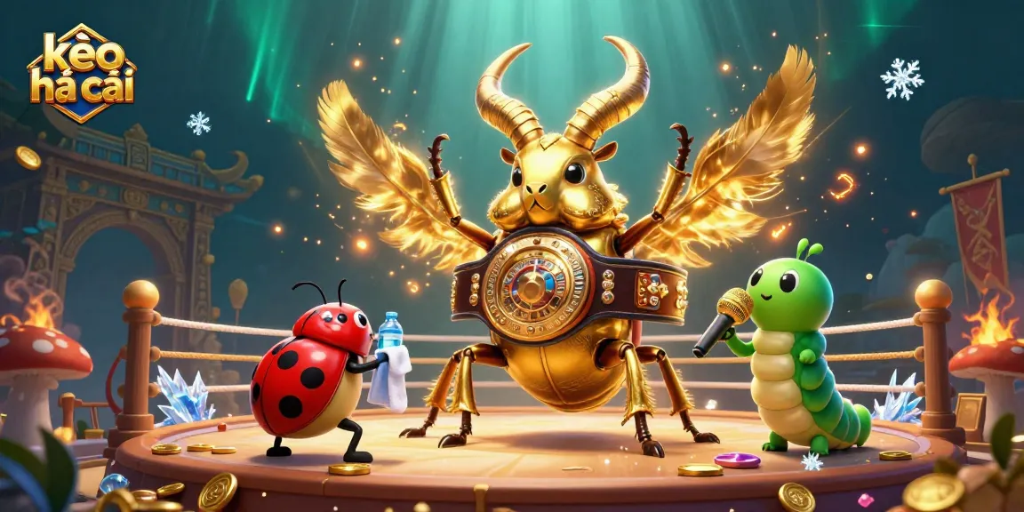 Engaging illustration of kèo nhà cái featuring a giant stag beetle in a boxing ring with vibrant casino-themed elements.