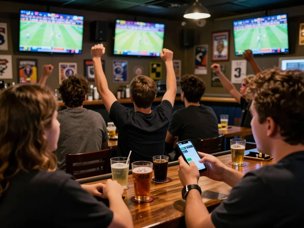 Tỷ lệ kèo nhà cái hôm nay displayed on a smartphone as sports fans celebrate thrilling bets in a lively bar setting.