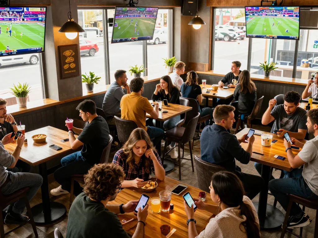 The exhilarating sports betting scene at thể thao MM88, displaying enthusiastic patrons engaged with their smartphones while cheering for live events.