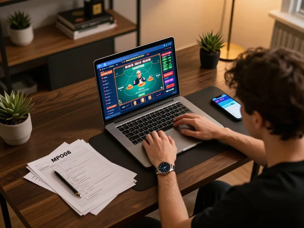 MPO08 player engaging in online casino gaming, showcasing vibrant interface and strategic notes