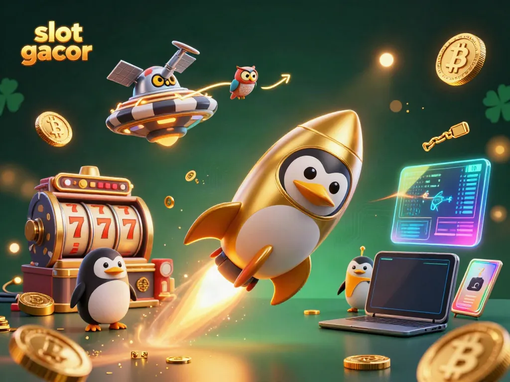 Experience vibrant winnings with slot gacor showcased by a golden penguin in a dynamic casino-themed space scene.