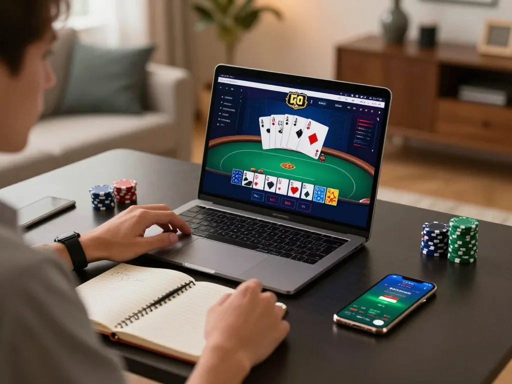 Player engaging in online poker with LGOGOAL, showcasing strategic gameplay in a modern home setting.