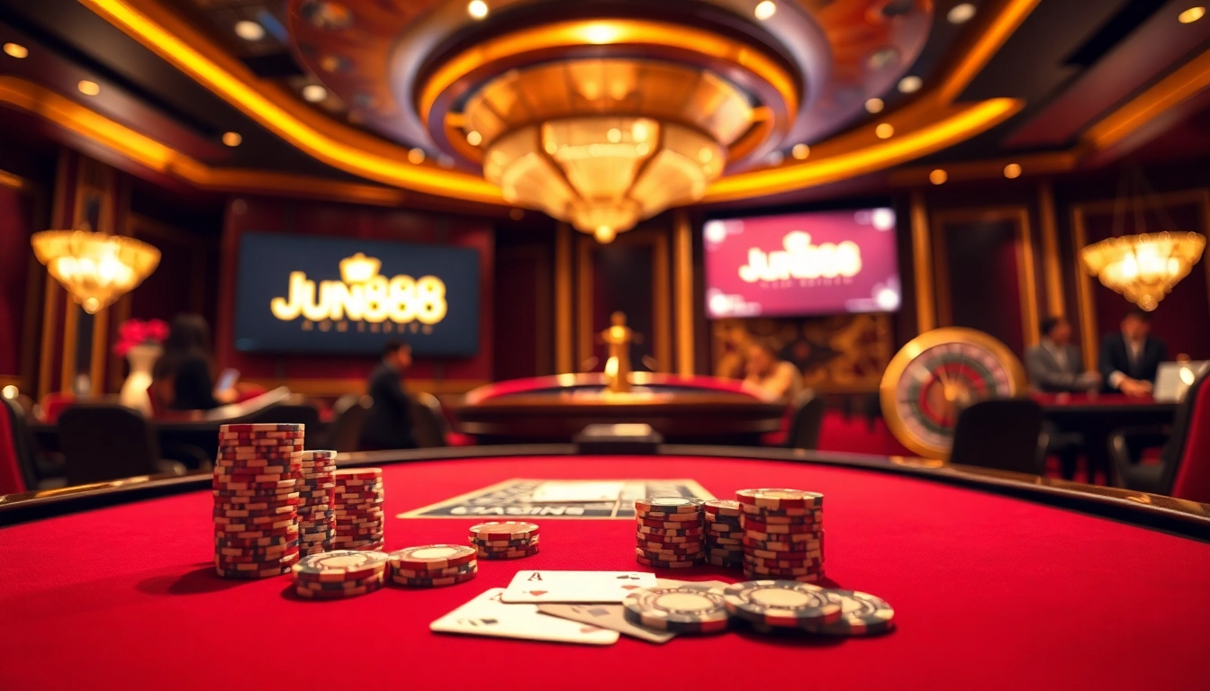Jun888 poker table with players engaged in a high-stakes game, showcasing excitement and glamour.