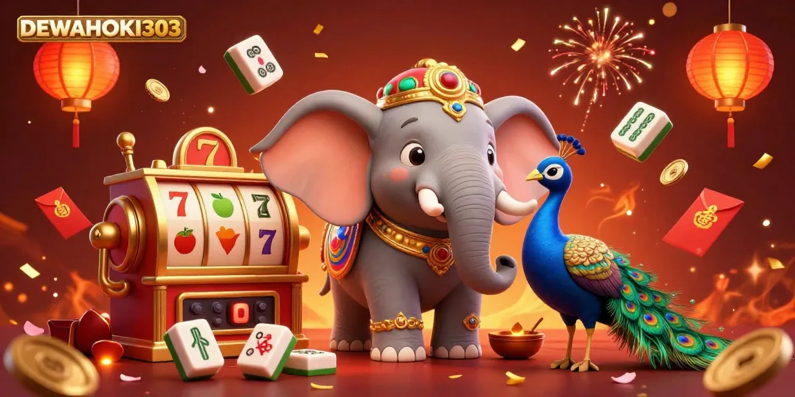 DEWAHOKI303 menampilkan ilustrasi unik dengan simbol slot dan karakter kasino yang menarik.
