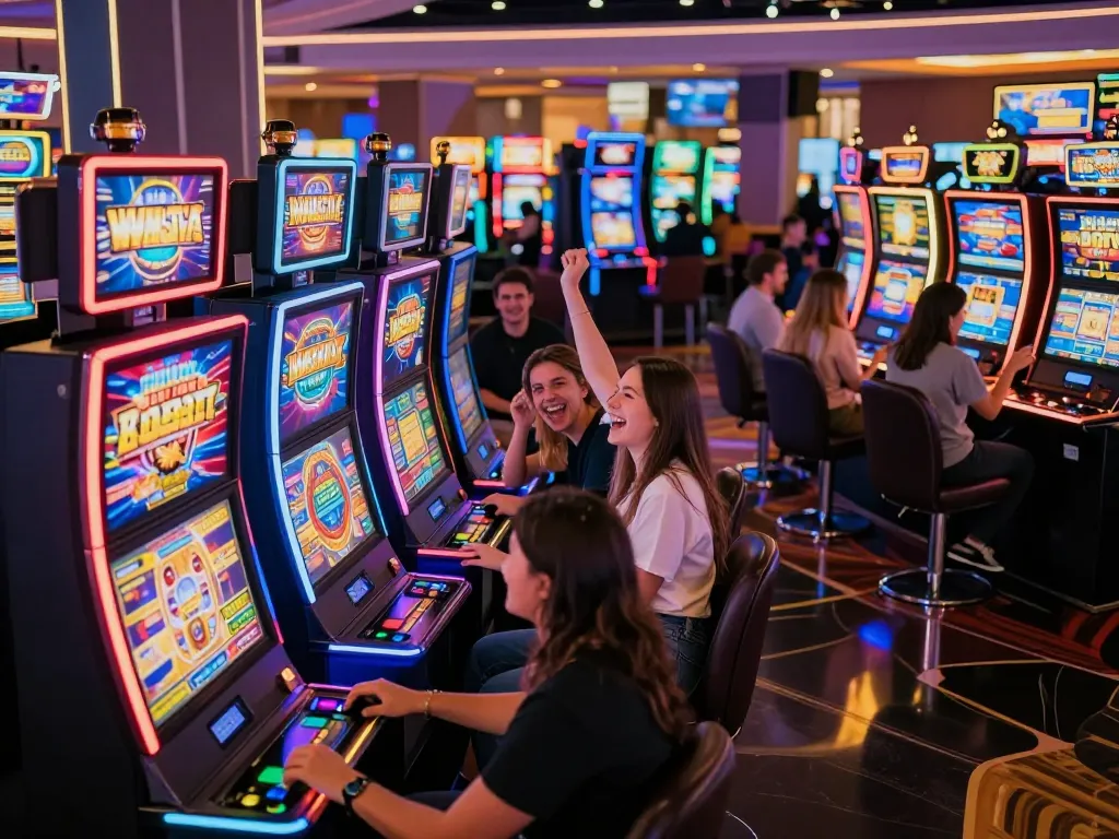 Players spinning colorful slot machines at slot depo 5k, showcasing exciting gaming action.