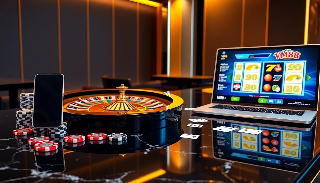 Engaging VM88 casino gameplay featuring professional poker chips and live betting interfaces
