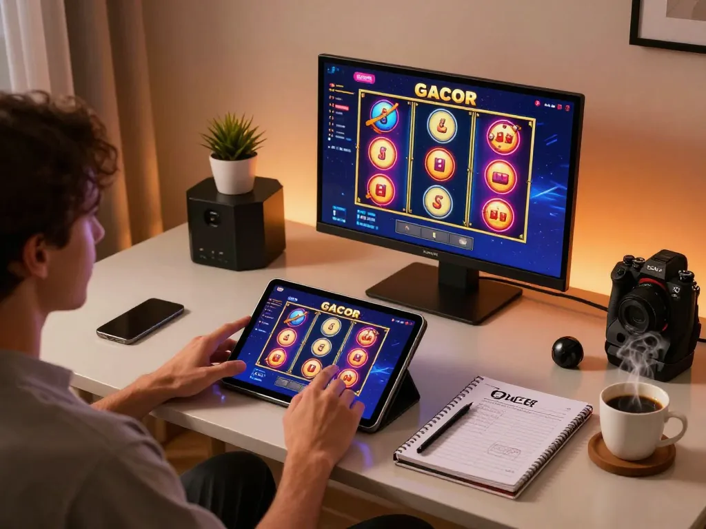 Enjoying slot gacor games on a tablet, highlighting online gaming setup with strategic notes.
