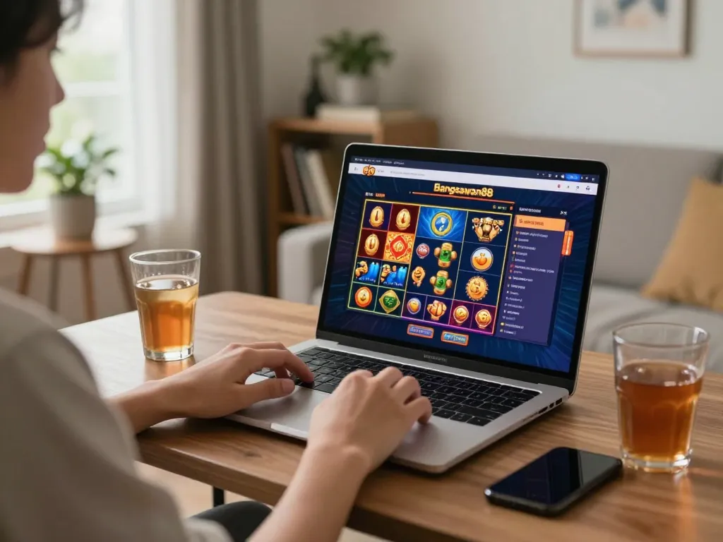 Engaging with the bangsawan88 online casino on a laptop at home, featuring cozy interior.