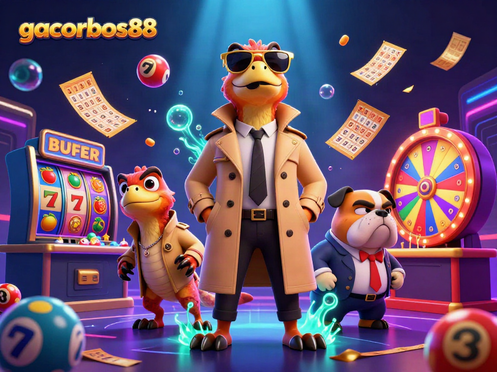 Engage with gacorbos88 by discovering vibrant slot games and exciting casino elements in this animated scene.