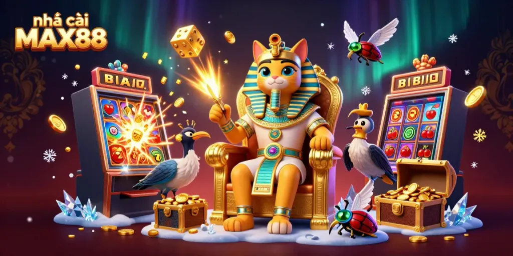 Engage with the thrilling world of nhà cái MAX88, featuring vibrant casino elements and a royal Egyptian theme.
