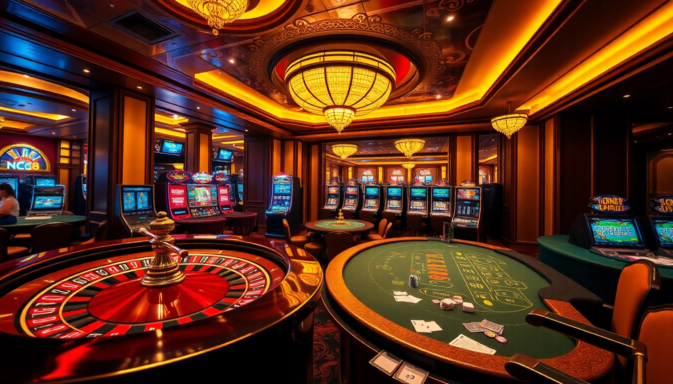 Engaging casino scene showcasing Nc88 poker action with roulette wheel, chips, and luxury decor.