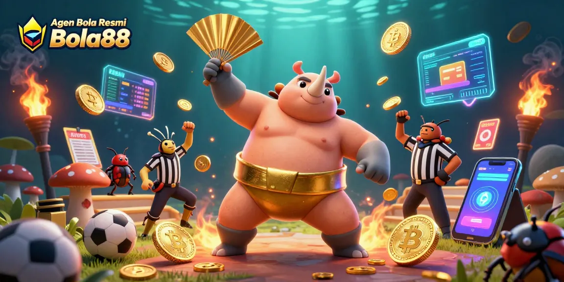 Agen Bola Resmi Bola88 showcases a thrilling sports betting scene featuring dynamic characters and elements.