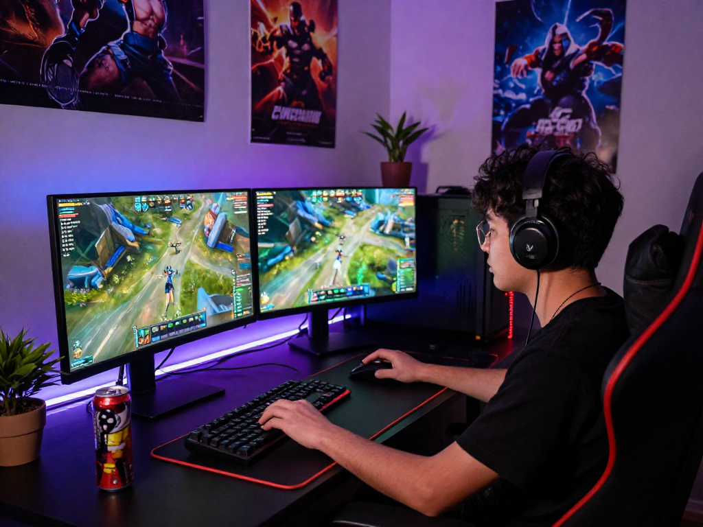 Player engaged in an intense gaming session at mpocash.blog, surrounded by dual monitors and gaming gear.