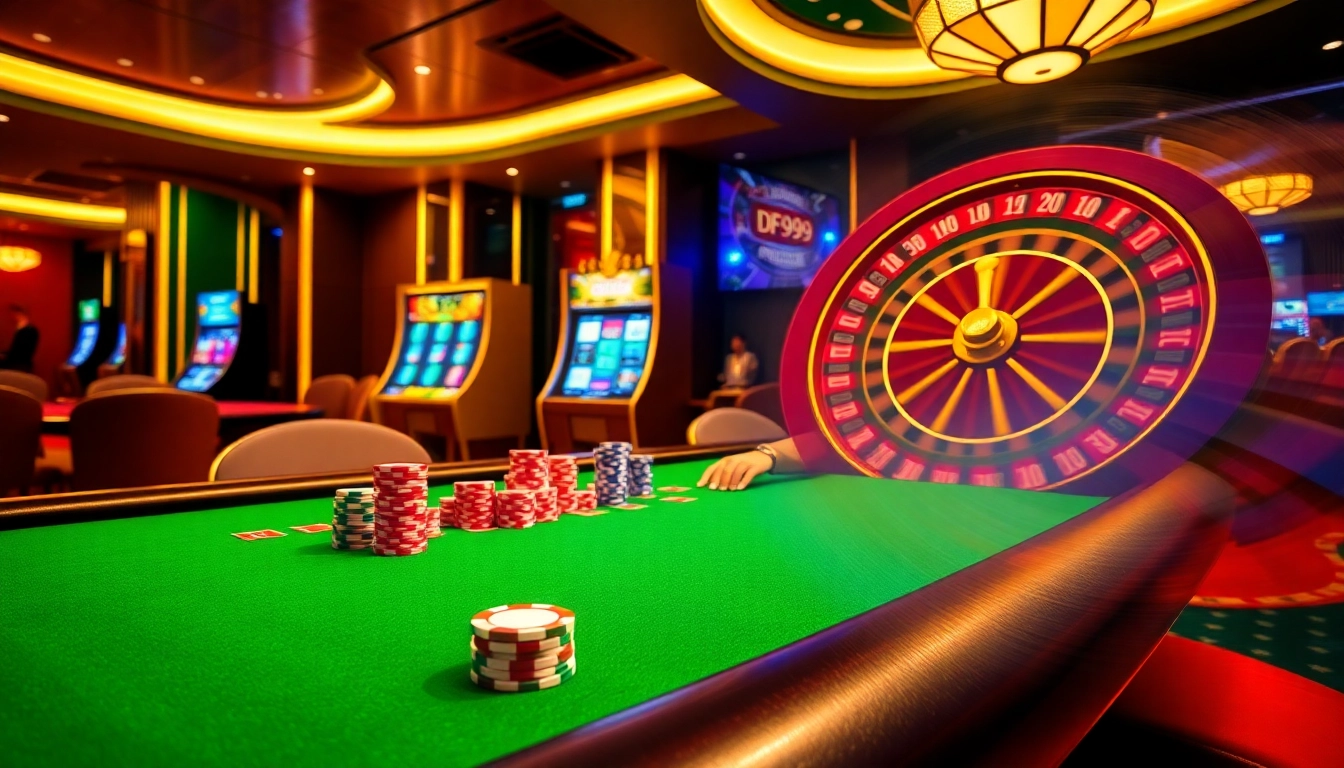 Exciting gameplay at DF999 casino with vibrant poker chips and engaging blackjack table atmosphere.