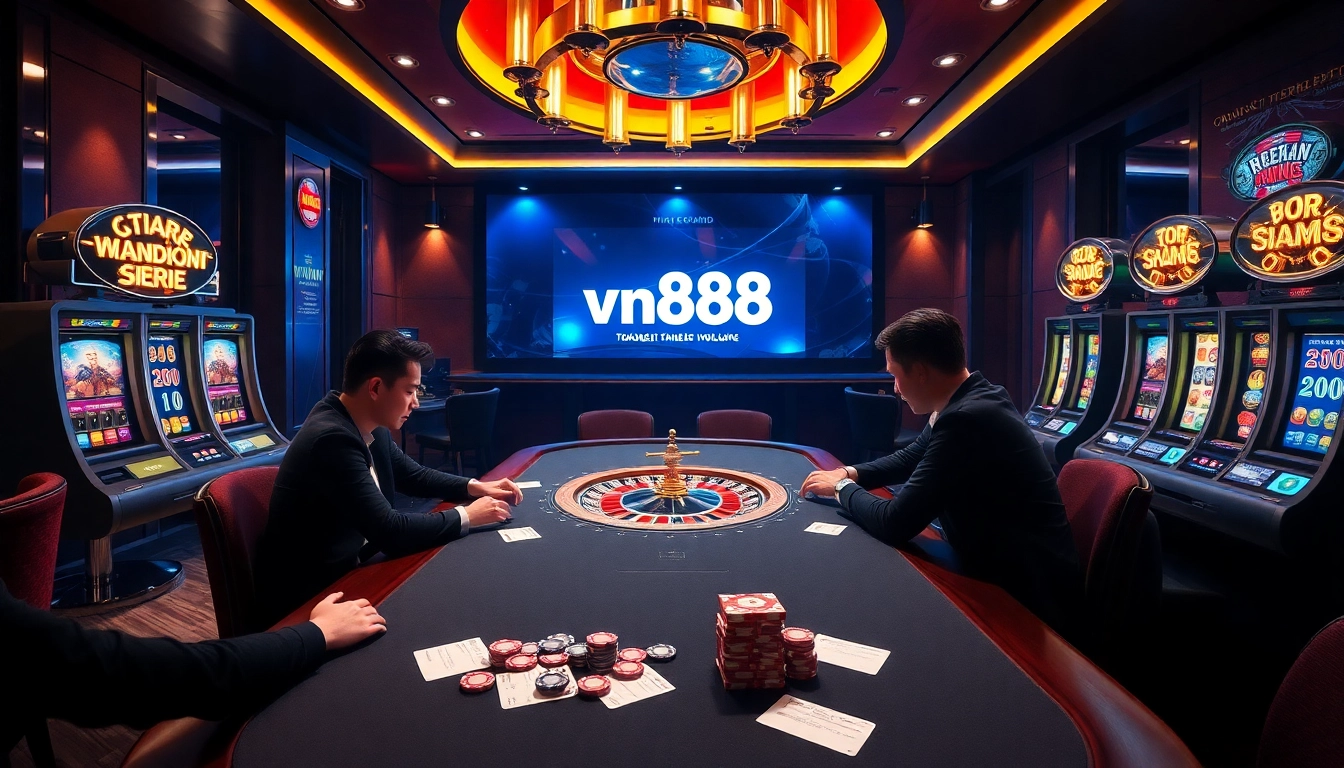 Intense gamblers strategizing at the vn888 poker table in an upscale casino atmosphere.