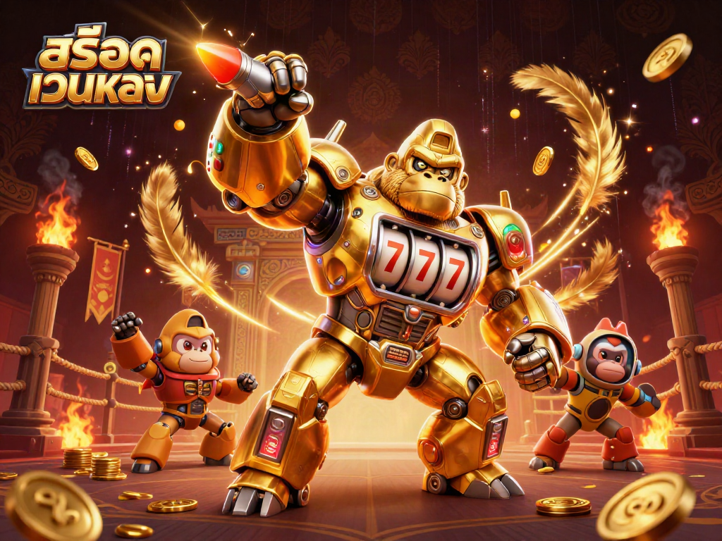 Experience thrilling gameplay with สล็อตเว็บตรง, featuring a golden gorilla mech and vibrant casino elements.