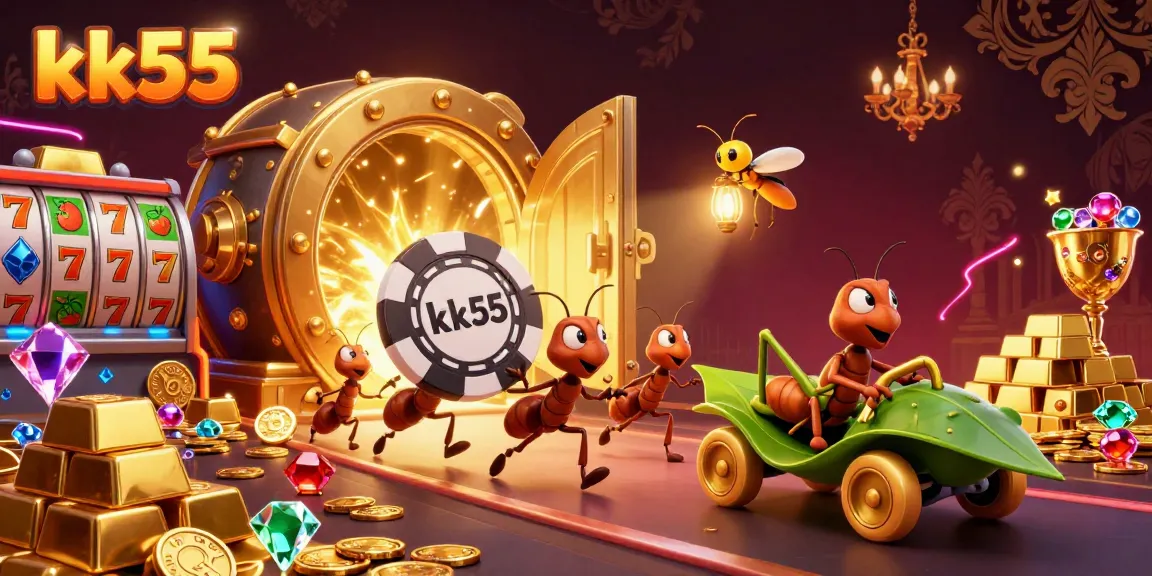 Engaging illustration of ants carrying a poker chip, kas55, amidst vibrant casino elements.