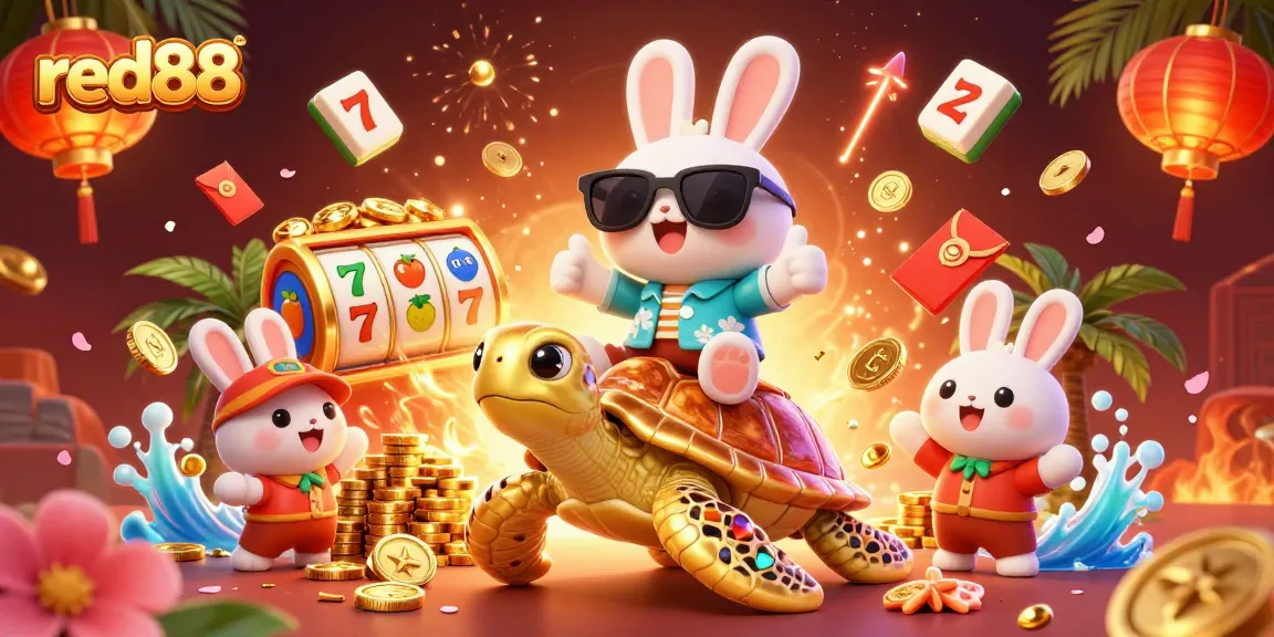 Spin and win at red88 with a lucky rabbit and golden sea turtle capturing casino excitement!