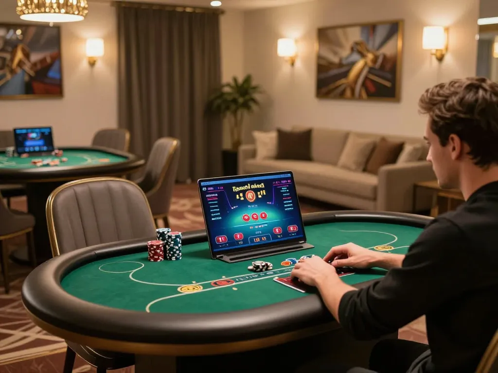 MMOO player engaged in online poker gaming, showcasing a vibrant interface and modern decor